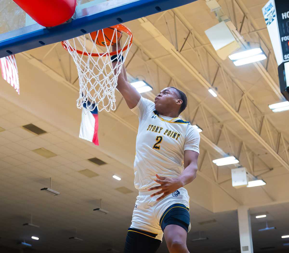 Stony Point's Josiah Moseley, a Villanova signee, throws down a dunk in a playoff win against Westlake on Feb. 27, 2024.